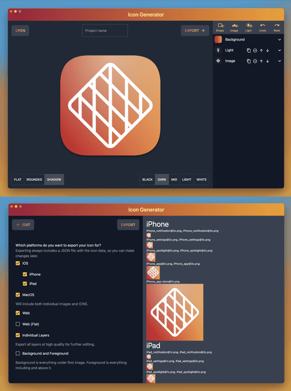 screens of Icon Generator
